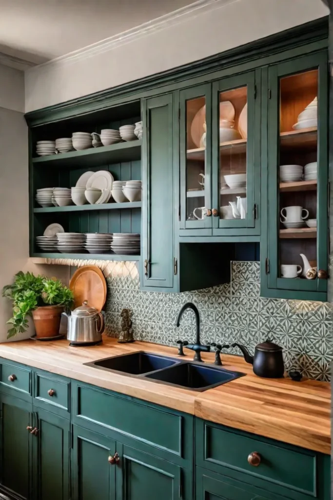 Cozy traditional kitchen with olive green cabinets and patterned tile