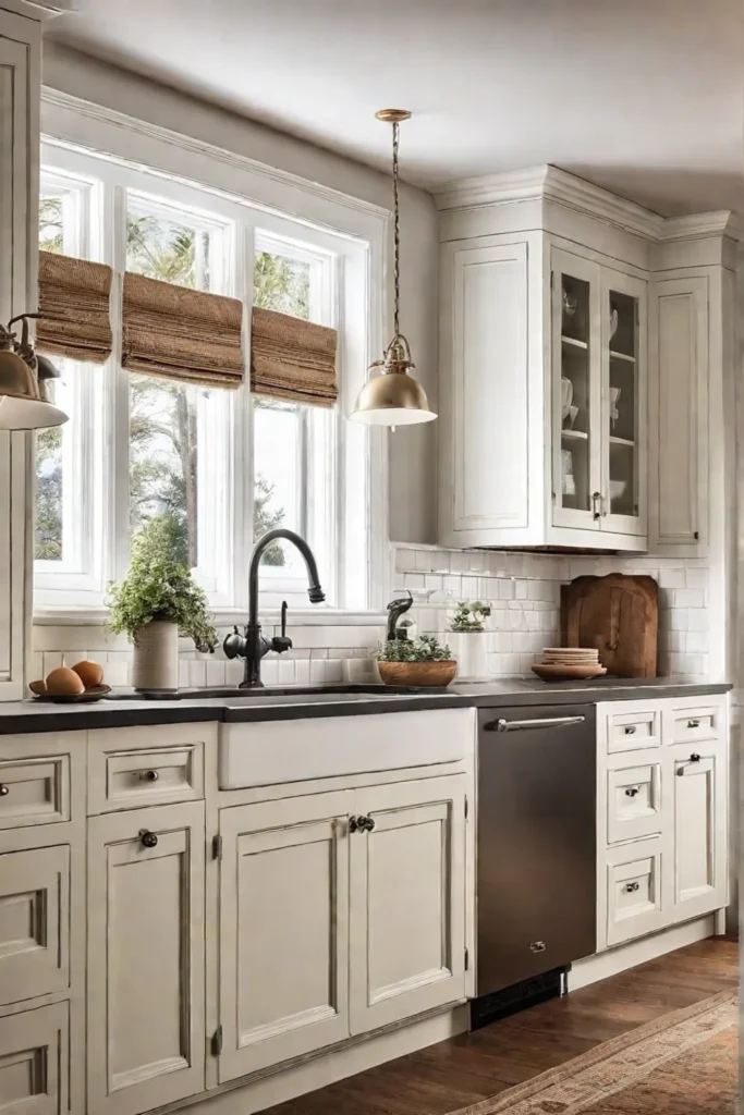 Creamy white kitchen with subway tile backsplash and beaded inset cabinets