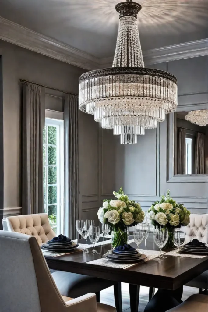 Crystal chandelier above a formal dining area in a traditional kitchen