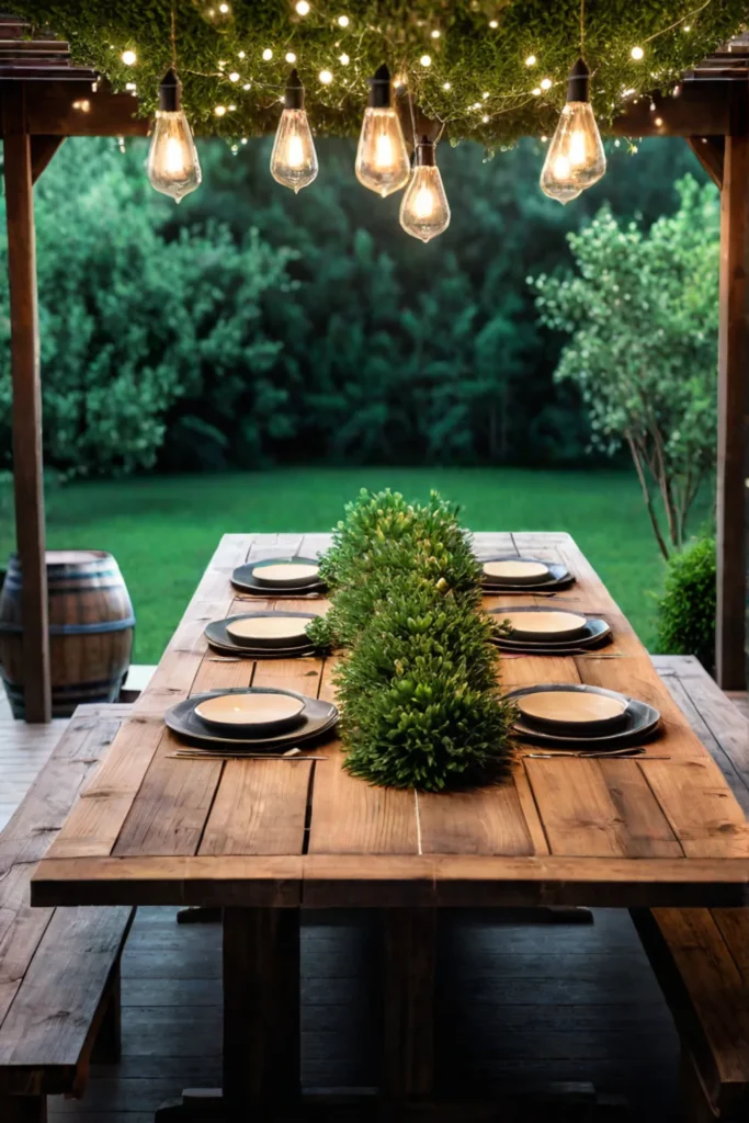 DIY farmhouse table in enchanting outdoor dining setting