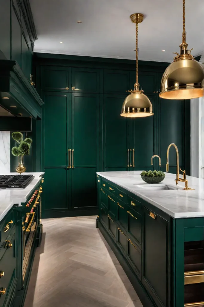 Dark green raisedpanel cabinets in a luxurious kitchen