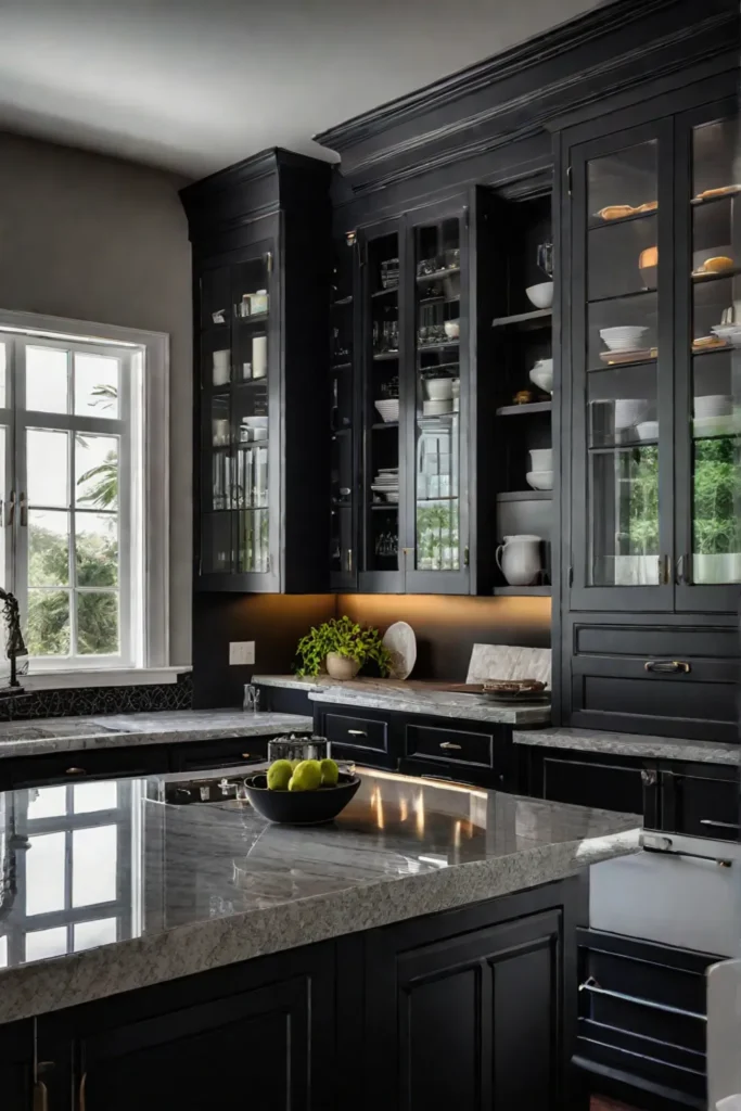 Dark lower kitchen cabinets with a large window