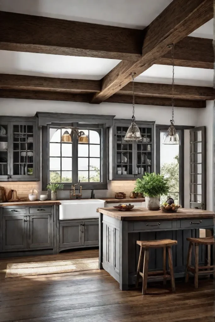 Distressed gray cabinets in a farmhouse kitchen
