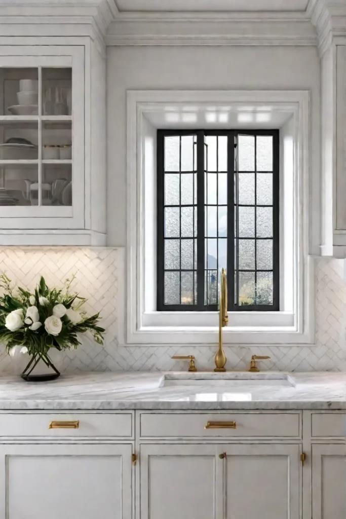 Elegant offwhite kitchen with Carrara marble and brass hardware