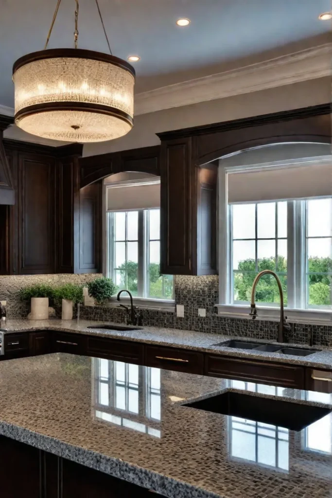 Elegant traditional kitchen with dark wood cabinets and leathered granite