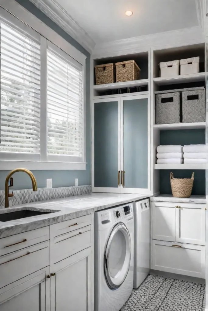 Elegant and sophisticated laundry room design with spacesaving storage