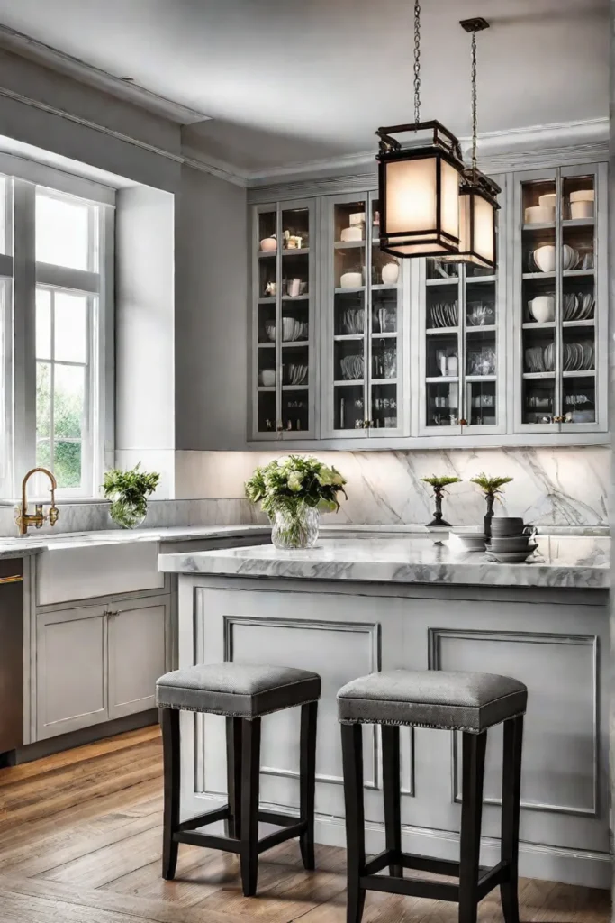 Elegant kitchen with marble countertops and glassfront cabinets