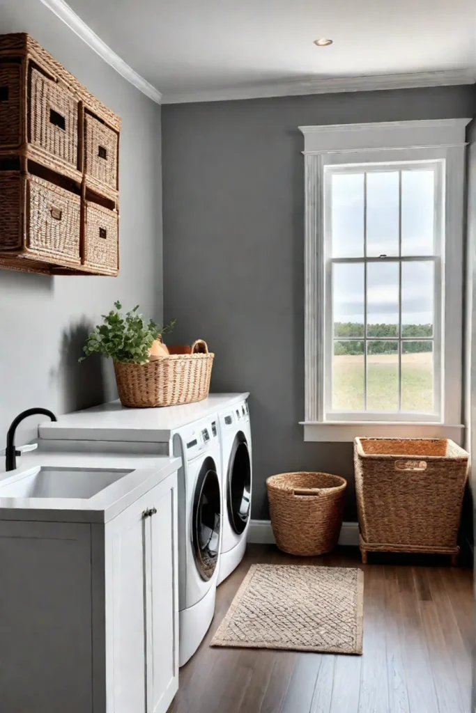 Elegant laundry room with white shaker cabinets and marble countertops