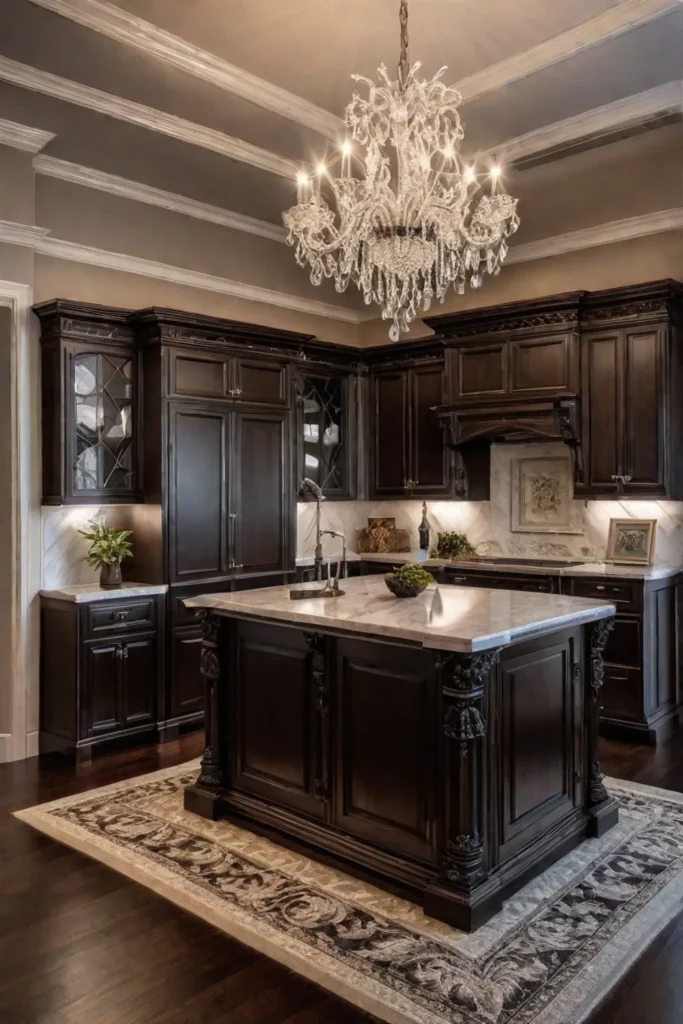 Espressostained maple cabinets with intricate carvings and ornate hardware