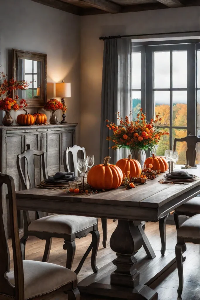 Fallinspired dining space with a farmhouse table and seasonal decorations