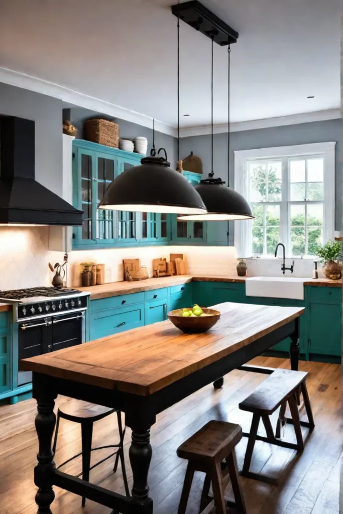 Farmhouse kitchen with a large island and vintage lighting