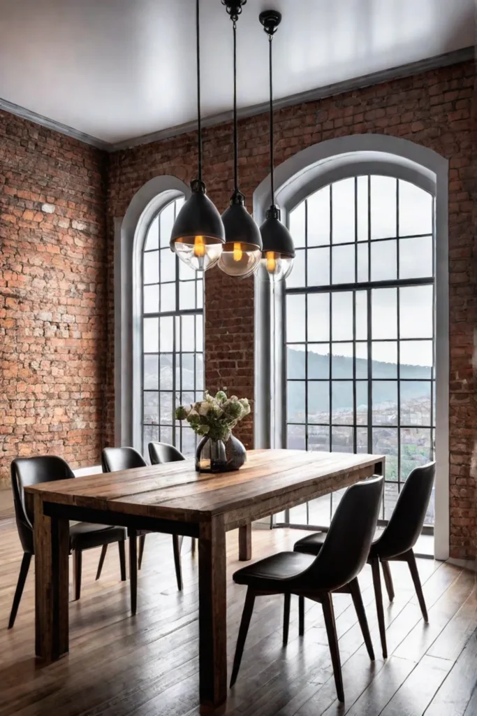 Farmhouse dining table in an urban loft setting with exposed brick