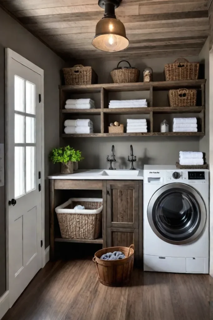 Farmhouse laundry room with petfriendly features and vintage storage