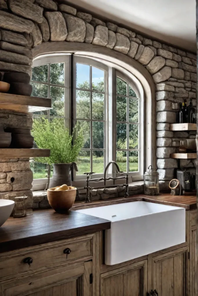 French country kitchen with exposed stone and elegant chandeliers