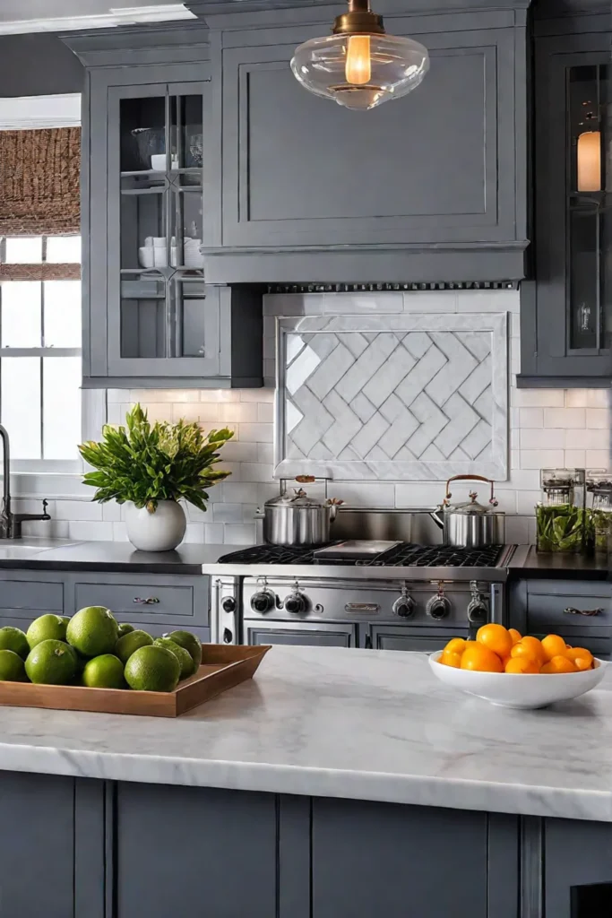 Gray cabinets and white subway tiles in a traditional kitchen