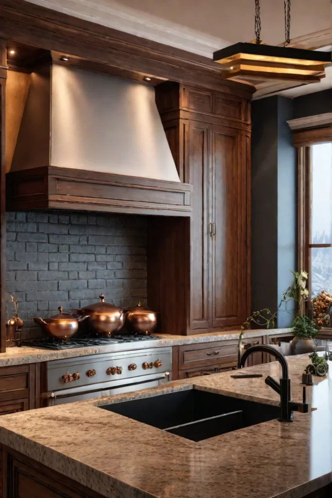 Honey maple kitchen with brick and copper