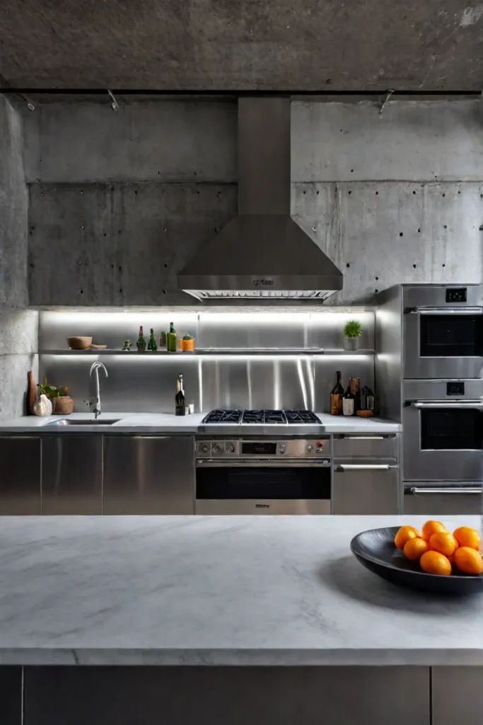 Industrial kitchen with stainless steel cabinets and concrete countertops