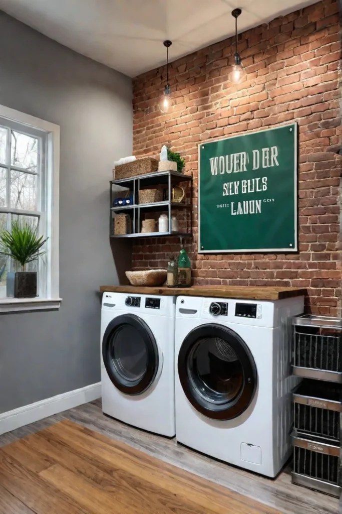 Industrial laundry room with metal storage and petfriendly details