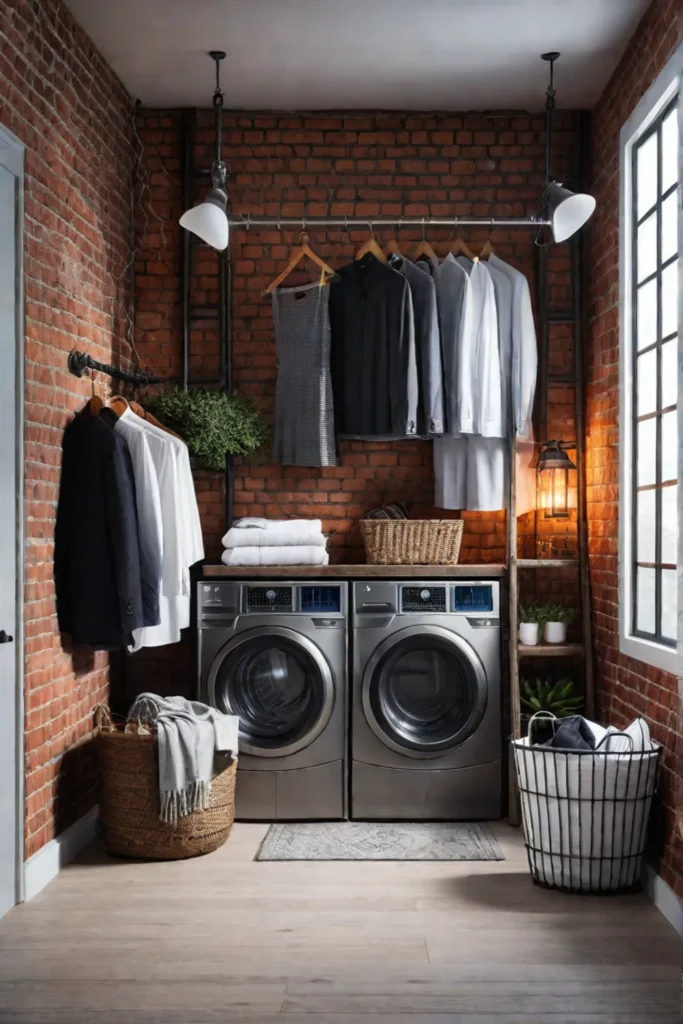 Industrial laundry room with repurposed and DIY storage