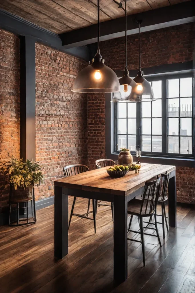 Industrialstyle dining space with a farmhouse table and rustic elements