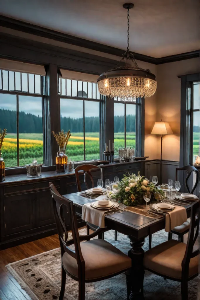 Intimate dining space with a farmhouse table and romantic ambiance