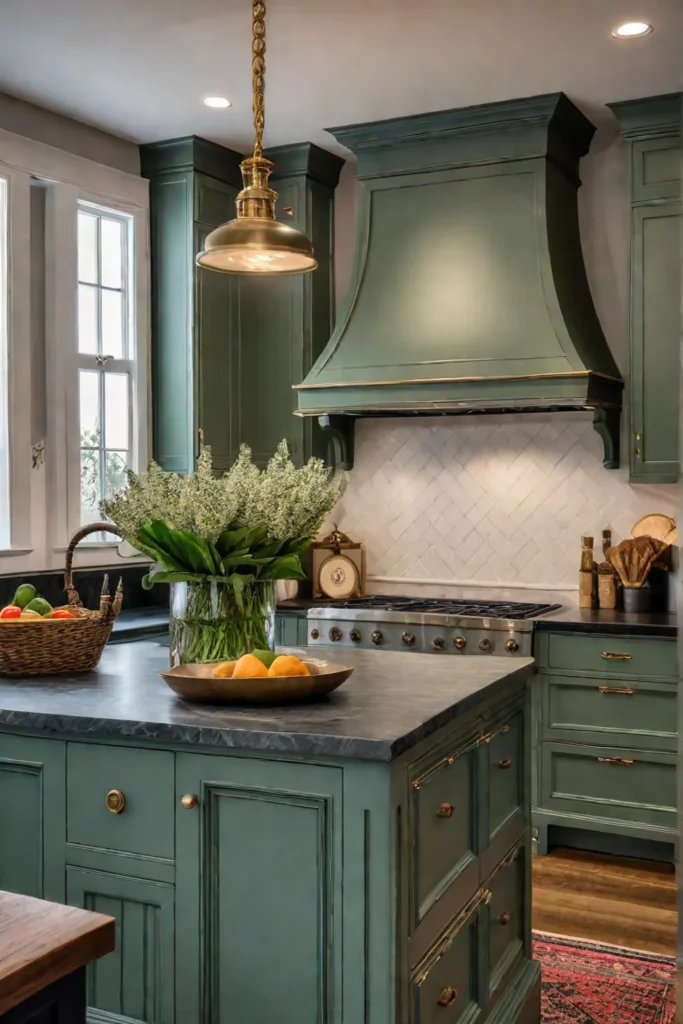 Inviting traditional kitchen with green cabinets and soapstone countertops