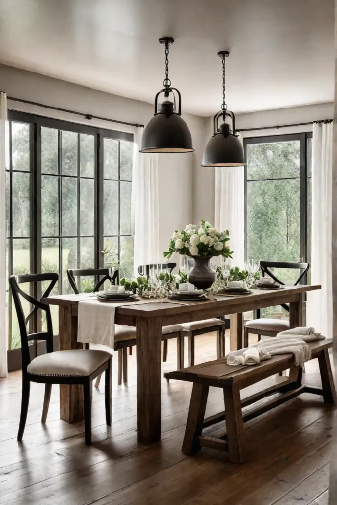Inviting dining area with natural light and a farmhouse table