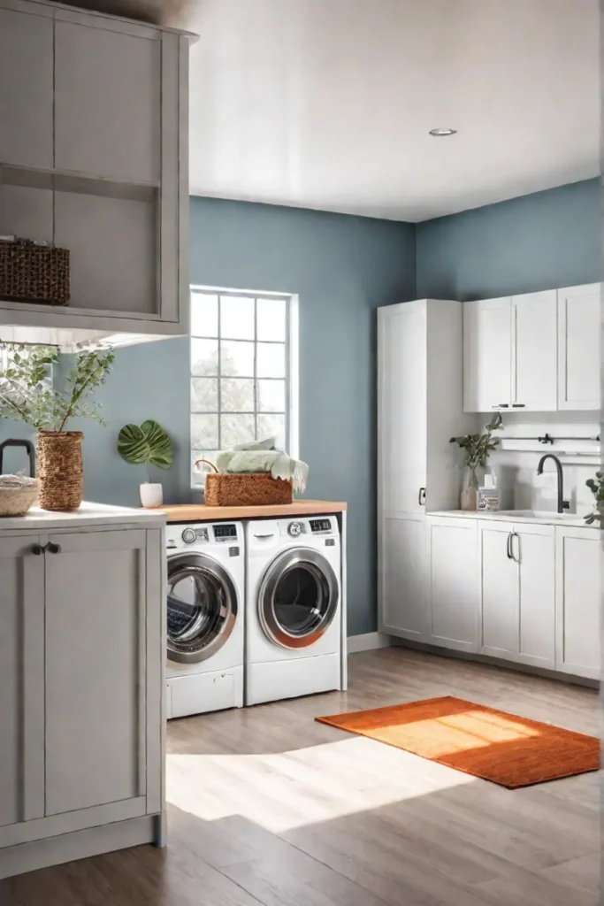 Laundry room with childproof cabinets and petfriendly storage