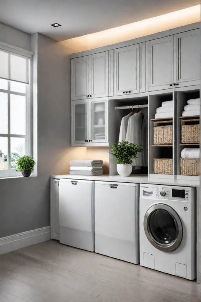 Laundry room with floortoceiling cabinets and open shelves
