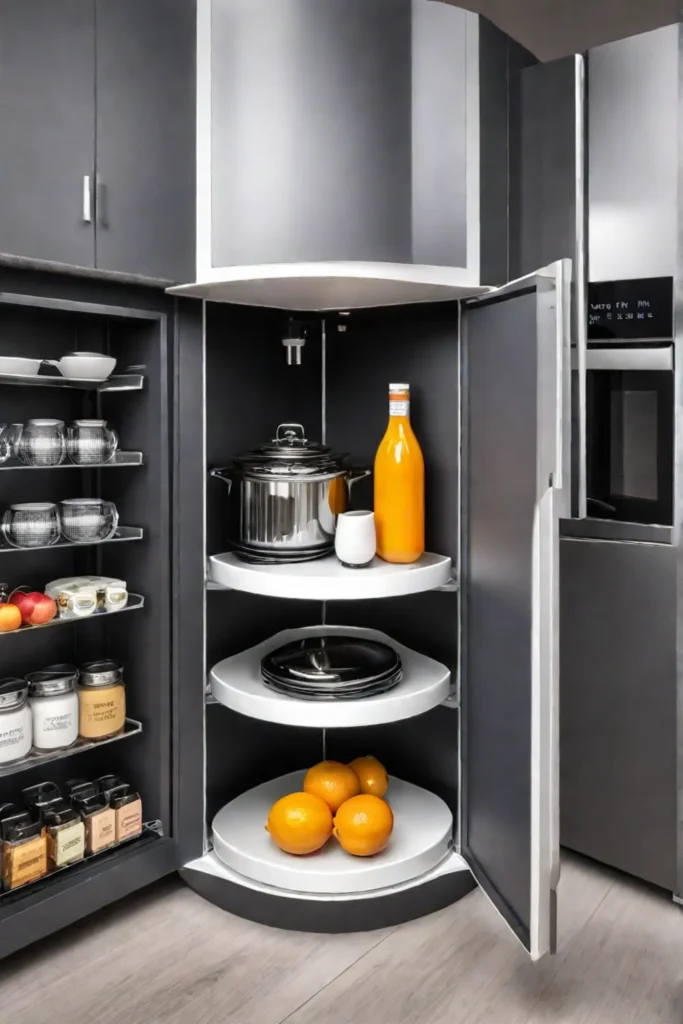 Lazy Susan in a corner kitchen cabinet with rotating shelves