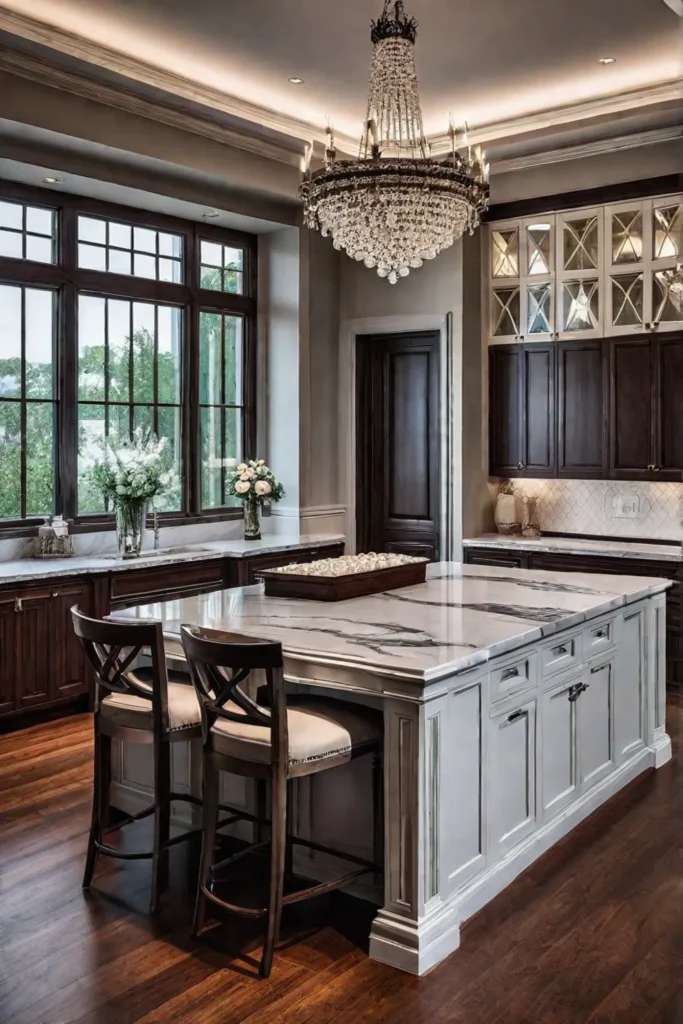 Luxurious traditional kitchen with mahogany cabinets and marble countertops