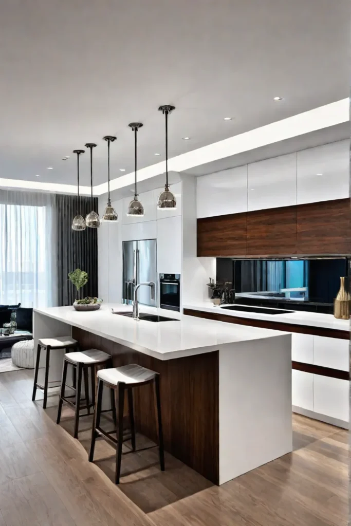 Mixed materials in a modern kitchen with contrasting finishes