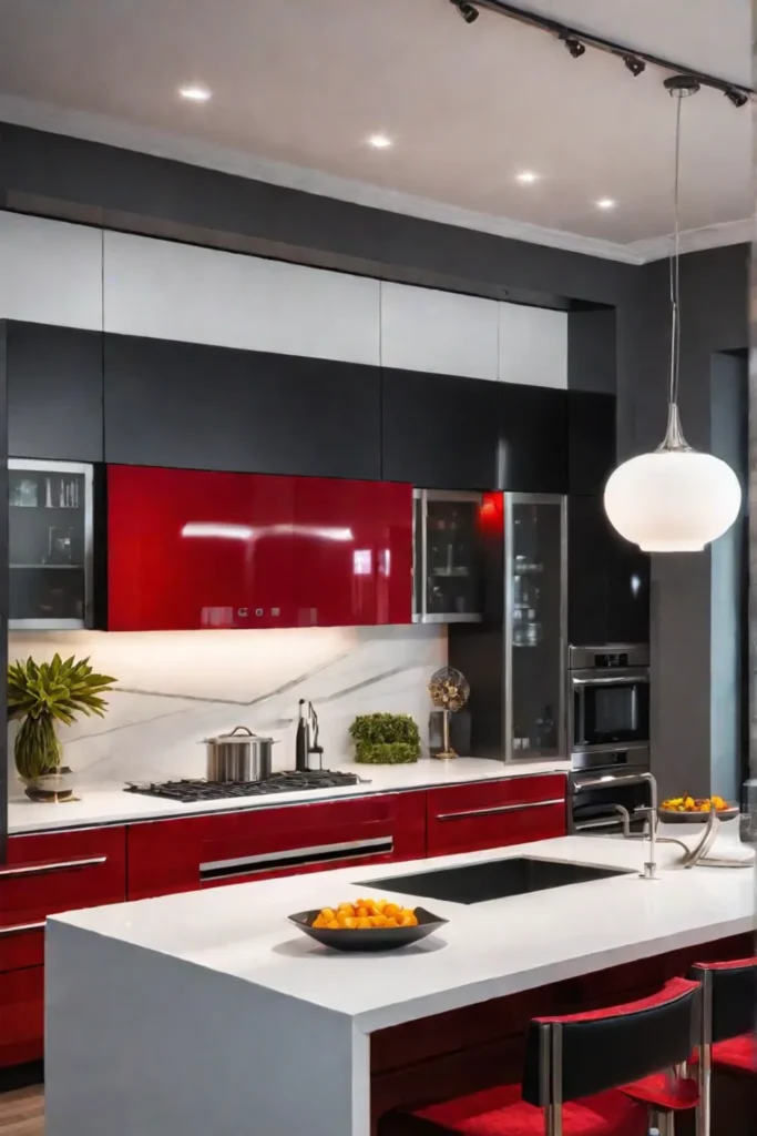 Modern kitchen with red thermofoil cabinets and white countertops