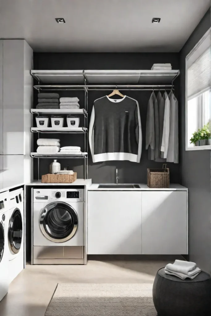 Modern laundry room with stainless steel appliances and open shelving