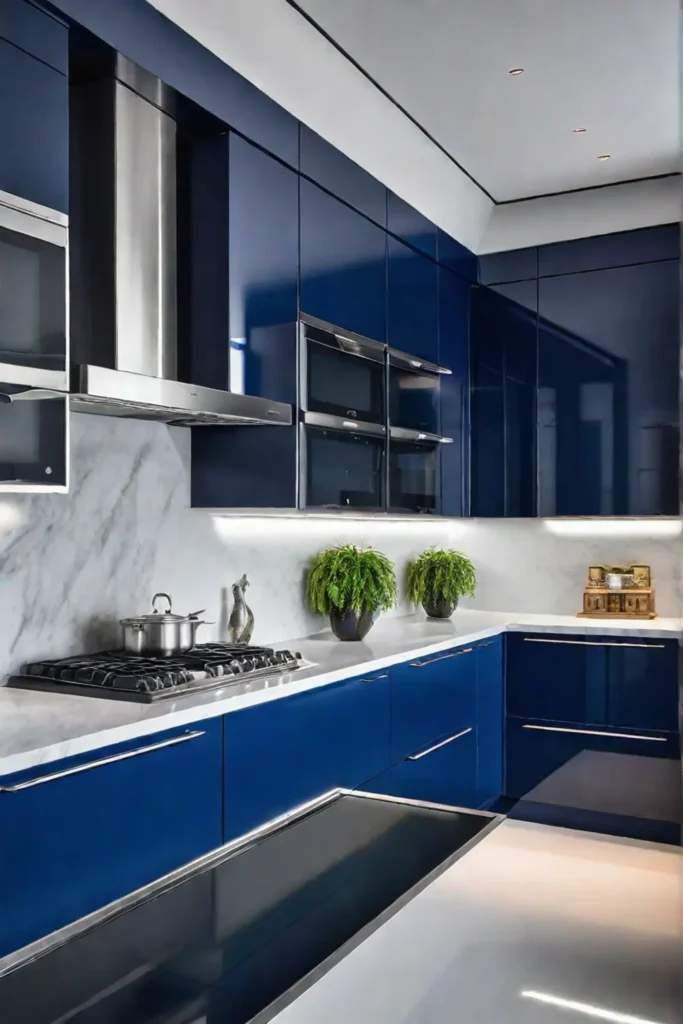 Navy blue flat panel cabinets in a modern kitchen