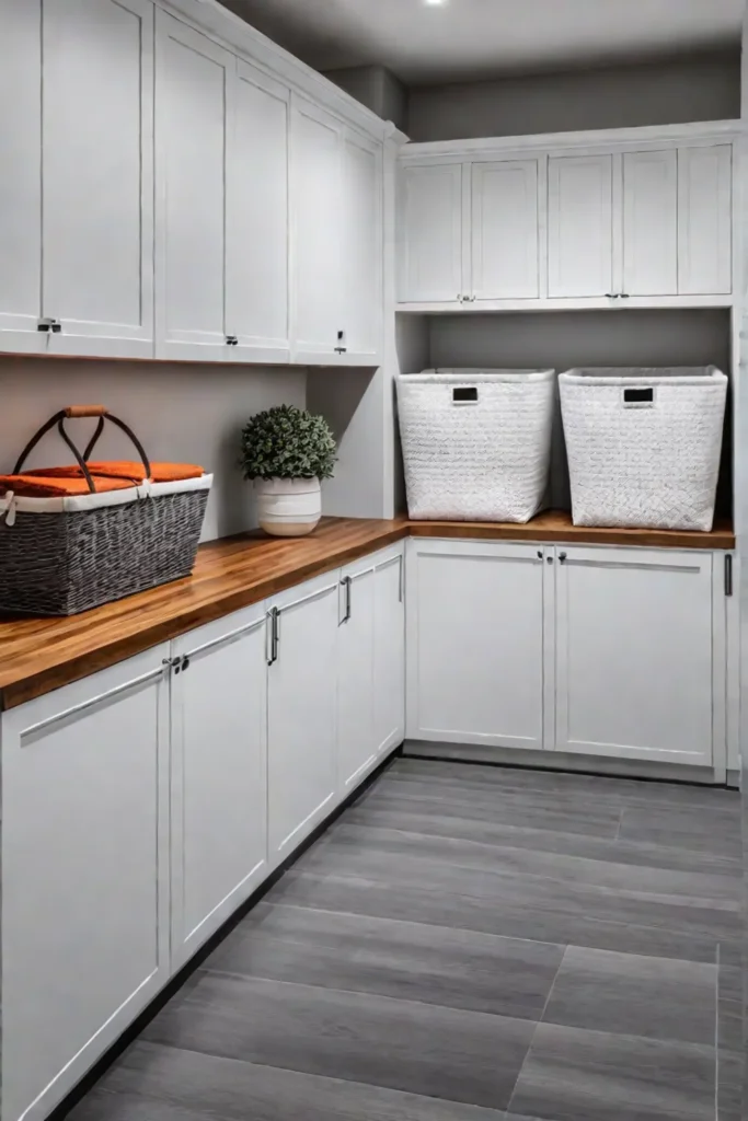 Open shelving displaying folded towels in a bright laundry room