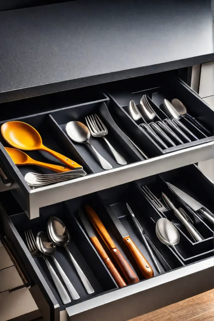 Organized kitchen drawers with dividers for utensils and tools