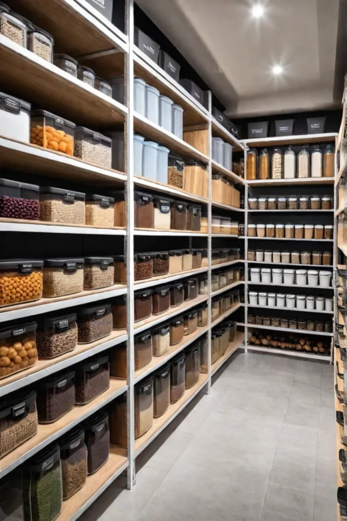 Pantry with labeled containers and shelving for optimal storage
