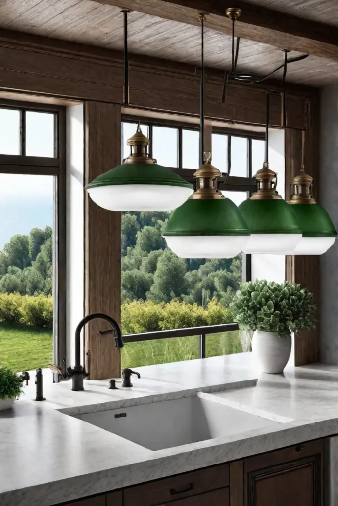 Pendant lights illuminating a farmhouse sink in a traditional kitchen
