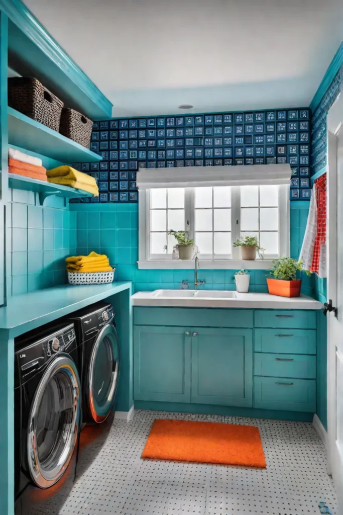 Playful and vibrant laundry room design with spacesaving features