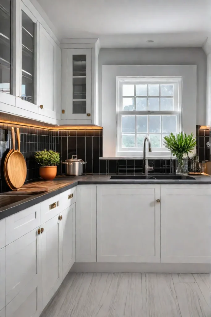 Pots and pans organized on pullout shelves in white kitchen cabinets