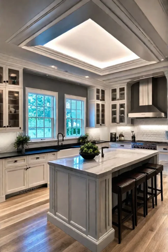Recessed lighting highlighting the architectural features of a traditional kitchen