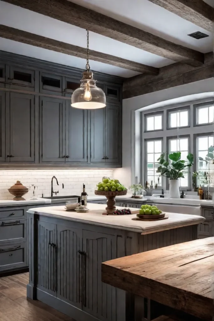 Rustic kitchen with exposed wood beams and distressed cabinets