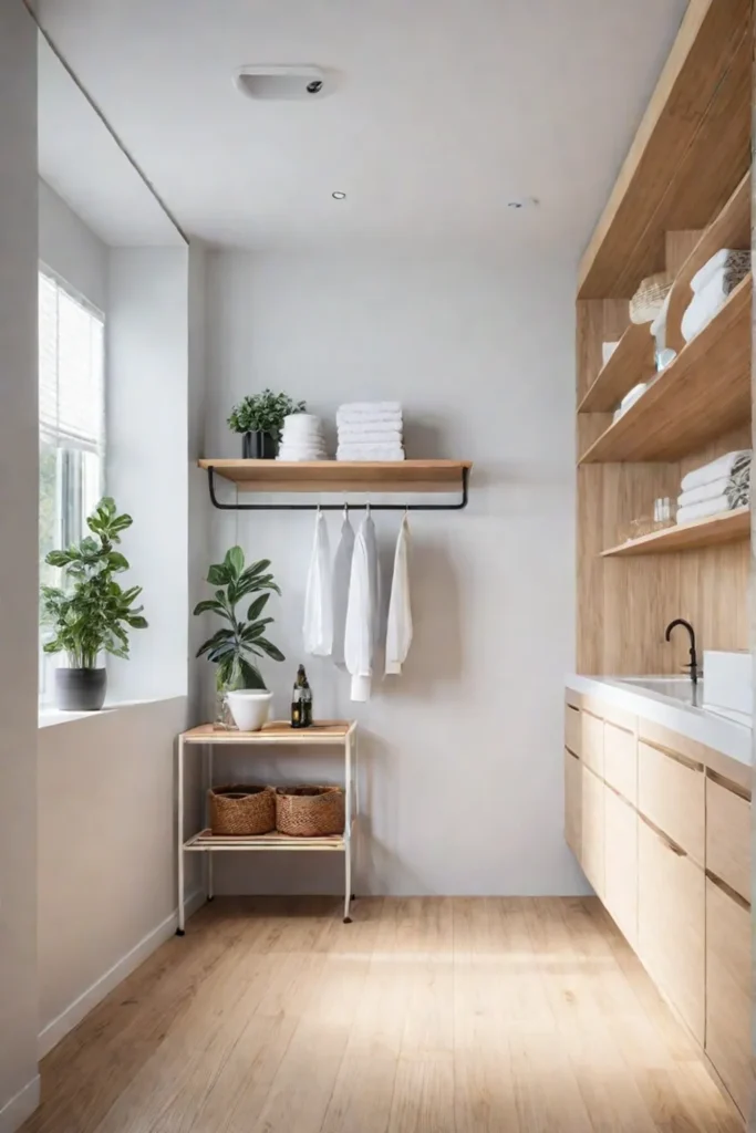 Scandinavian laundry room with minimalist storage and natural light