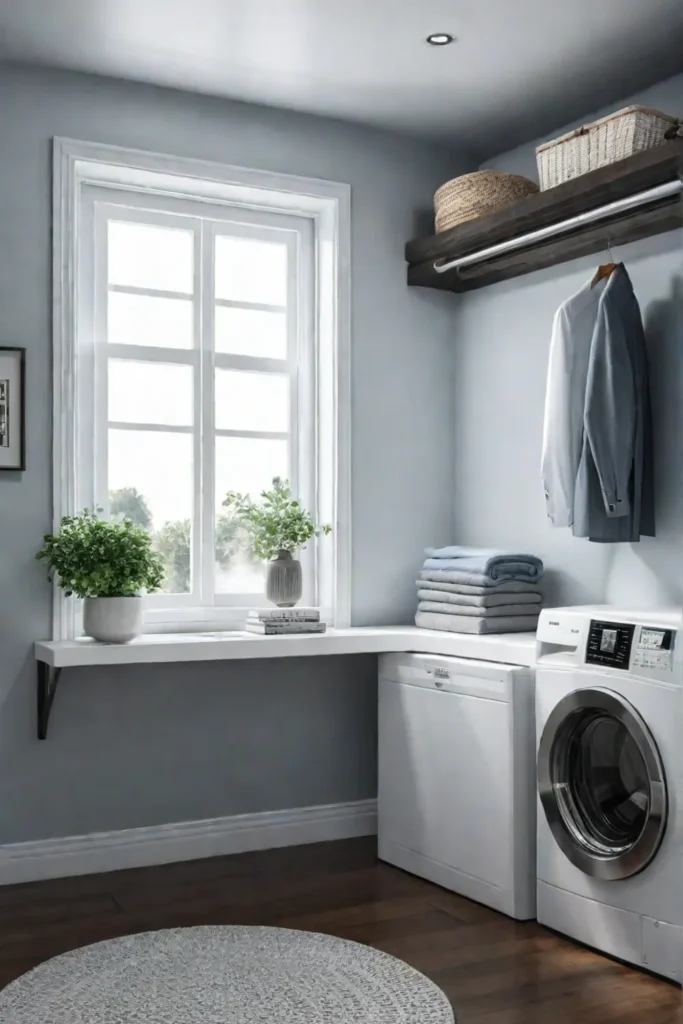 Serene laundry room with calming colors and a comfortable chair