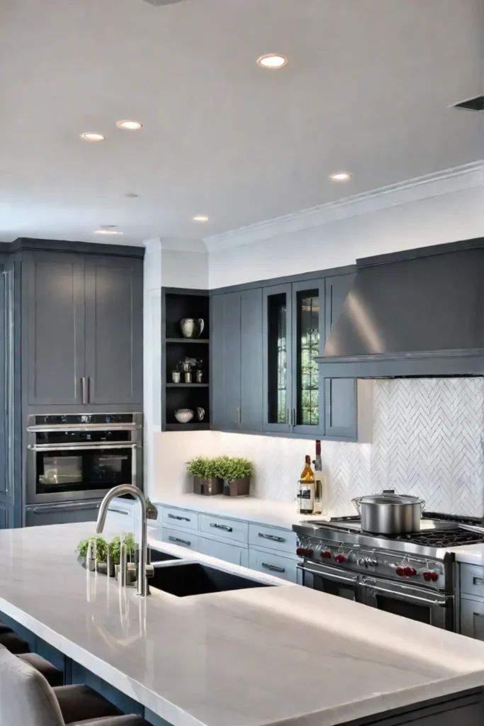 Sleek and stylish kitchen design with gray cabinets and white countertops