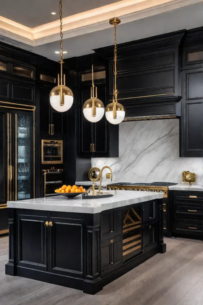 Sophisticated kitchen design with black cabinets and gold accents