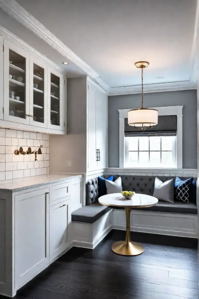 Spacesaving traditional kitchen with white shaker cabinets and banquette seating