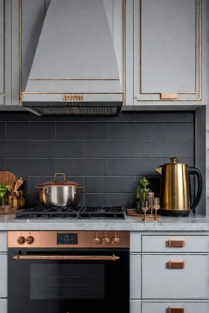Stainless steel appliances with brass hardware