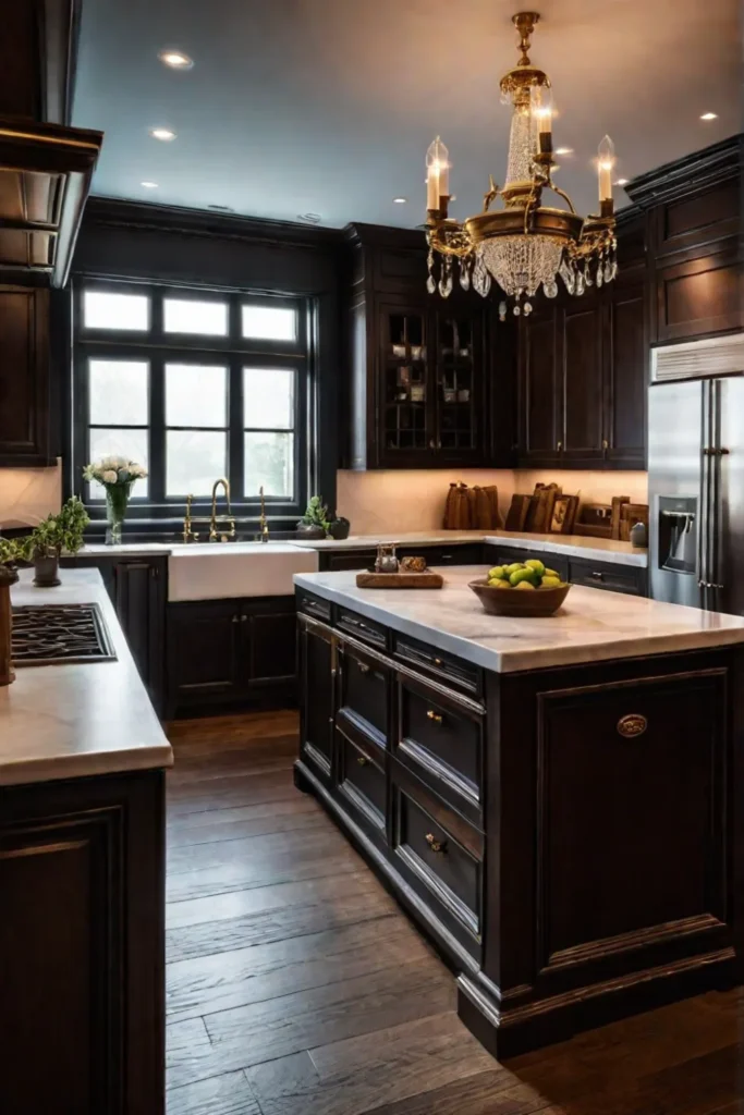 Timeless elegance of traditional dark wood cabinets with antique brass hardware